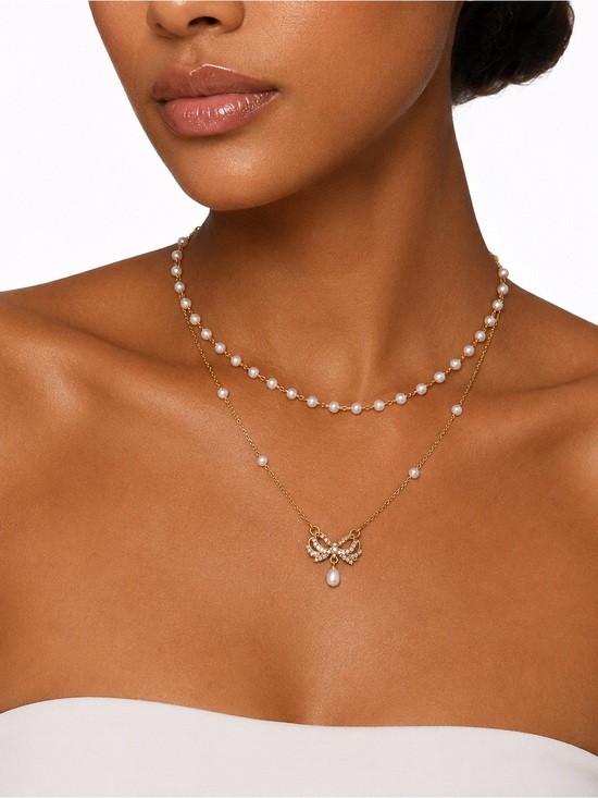Zara Jewelry - Zara Gold Layered Pearl Necklace Set with Bow Pendant